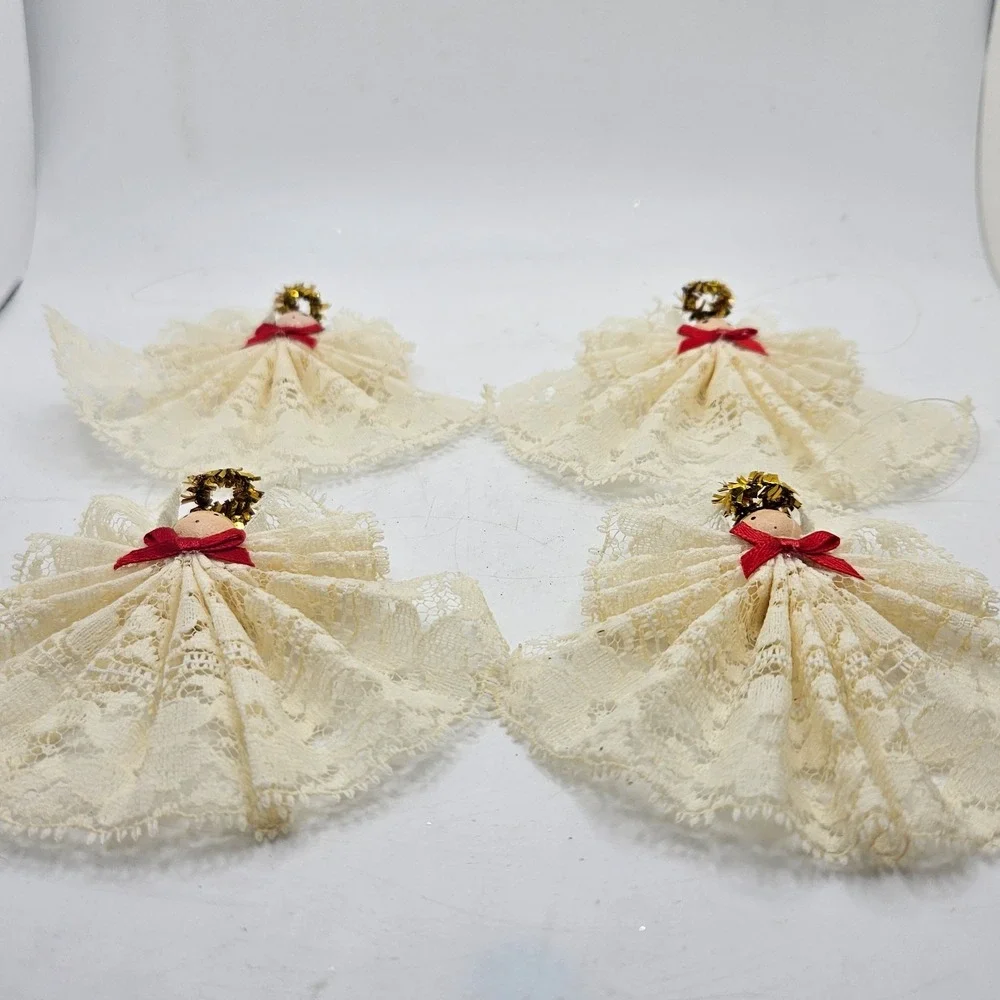 Vintage Handmade Lace Angel Christmas Ornaments Lot of 4 Wood Bead Faces